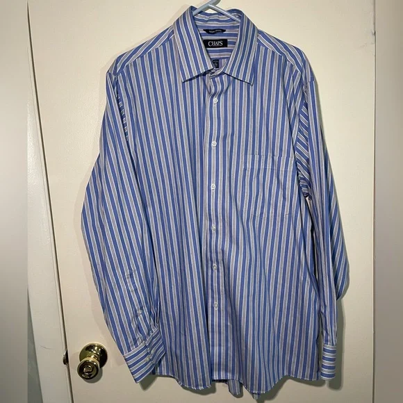 Chaps men’s dress shirt blue white striped classic fit 17 34/35 non-iron - Picture 1 of 5